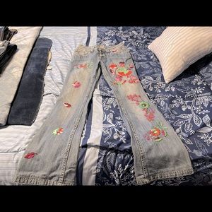Antik denim floral embroidered peacock jeans